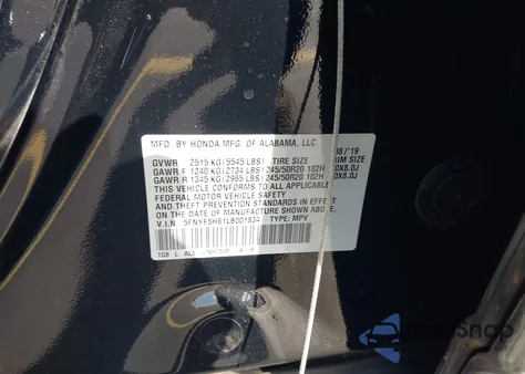 2020 Honda Pilot 2Wd Touring 7 Passenger из США, поврежденный, VIN 5FNYF5H61LB001834